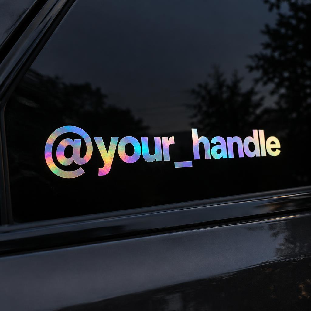 Custom text vinyl decal on a tinted car window